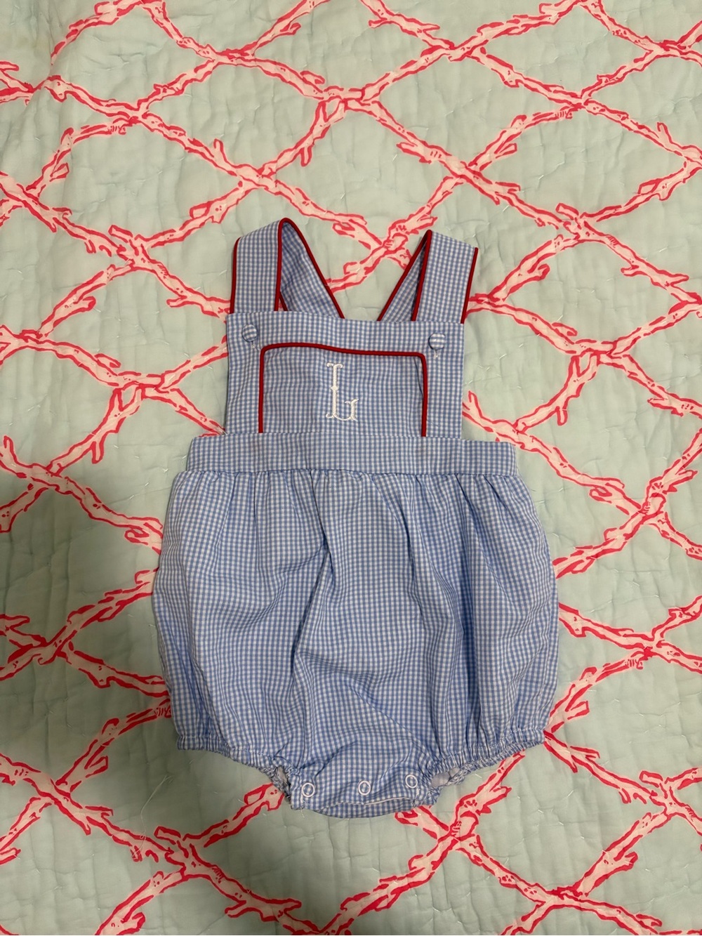 Classic Whimsy Boys Sunsuit “L” monogram NWT